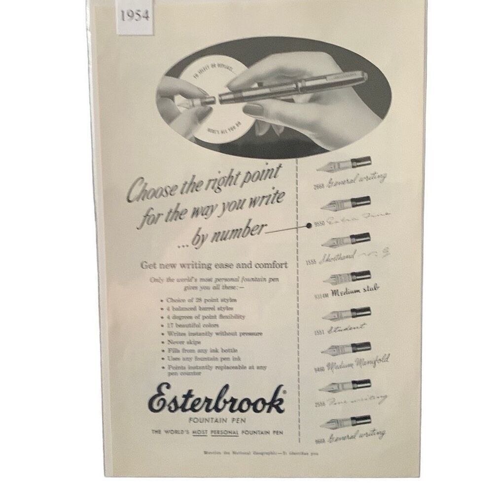 Vintage 1954 Esterbrook Fountain Pen Choose the Right Point Ad Advertisement
